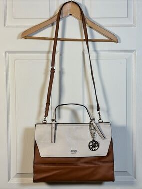 Guess White and Brown Convertible Satchel with Charm